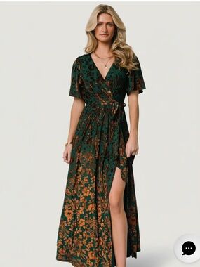 NWT - Baltic Born Green and Rust Floral Wrap Maxi Dress